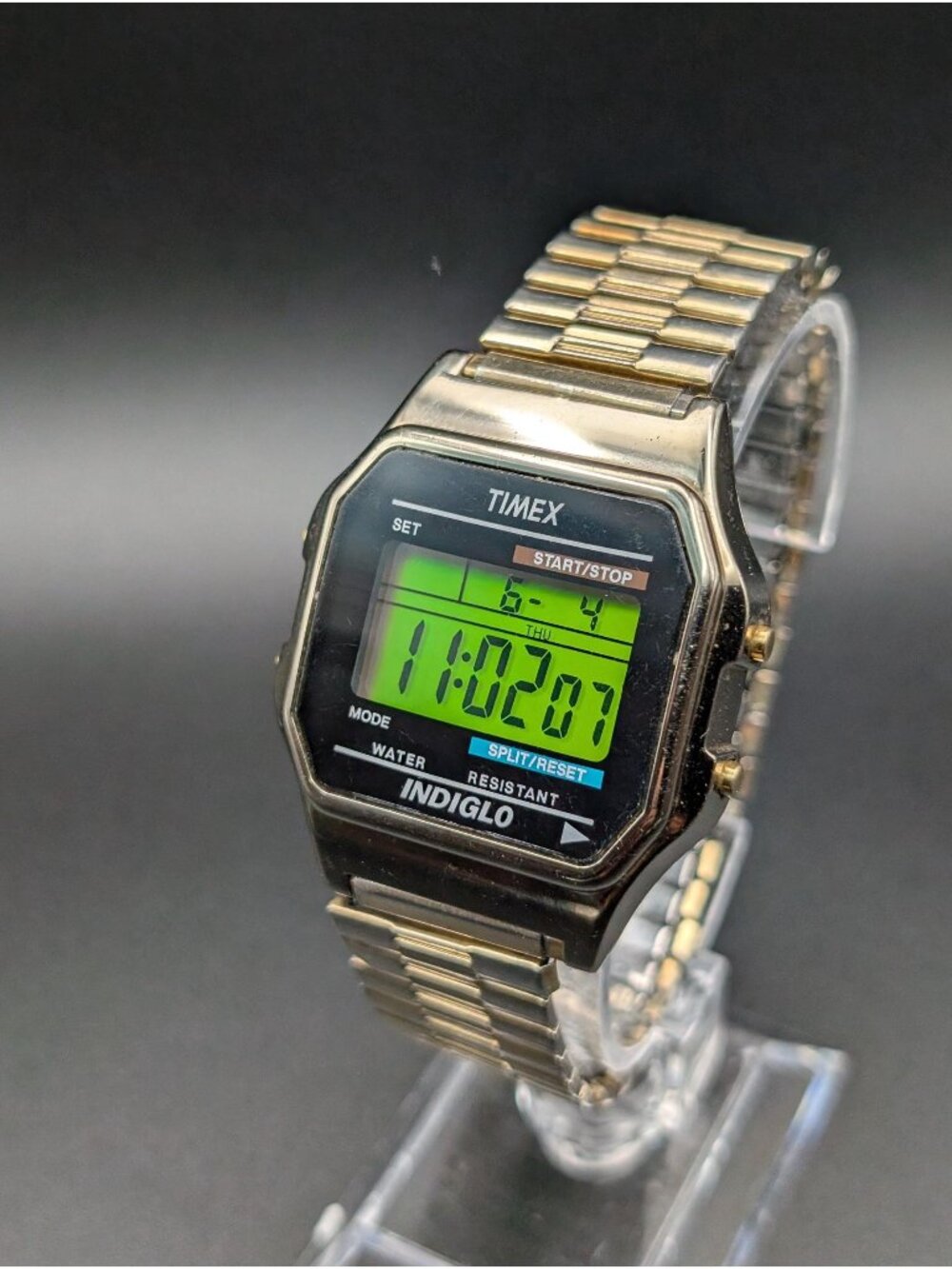 Vintage Timex Indiglo Digital Gold-Tone Watch, Father's Day Gift, Stretch Band